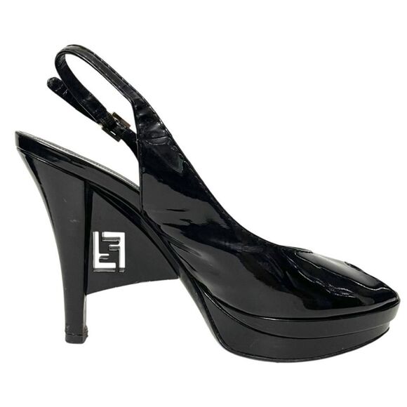 FENDI Patent Leather Slingback Logo Heel Peeptoe Sandals 37 - Picture 5 of 16